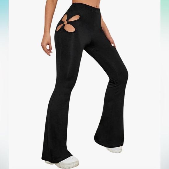 Black stretch yoga leggings daisy cutout flower gym pants rave festival ring xl - Picture 2 of 2